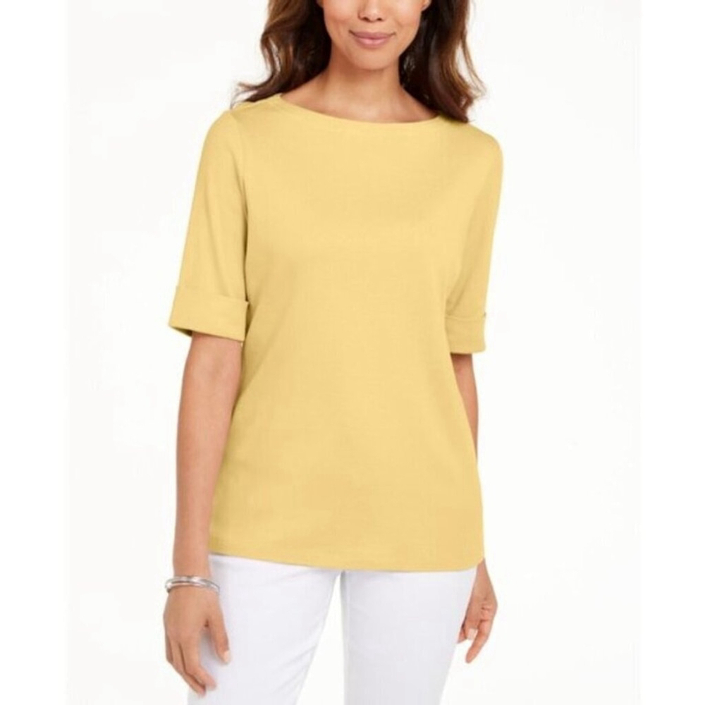 Karen Scott Women's Extra Small 100% Cotton Yellow Boat-Neck Top / T-Shirt NWT